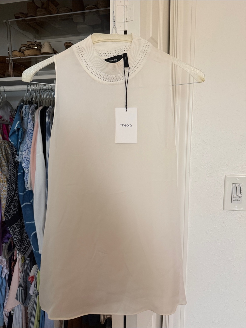 Theory Cream Sleeveless Knit-Trim Crewneck Camisole